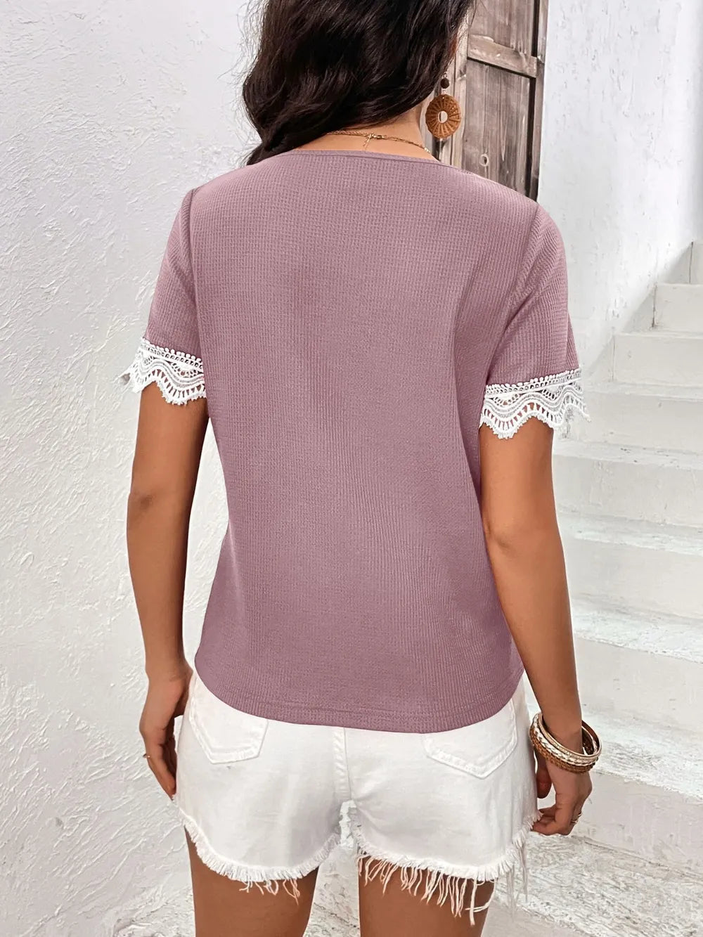 IVY LANE LACE DETAIL V-NECK SHORT SLEEVE T-SHIRT