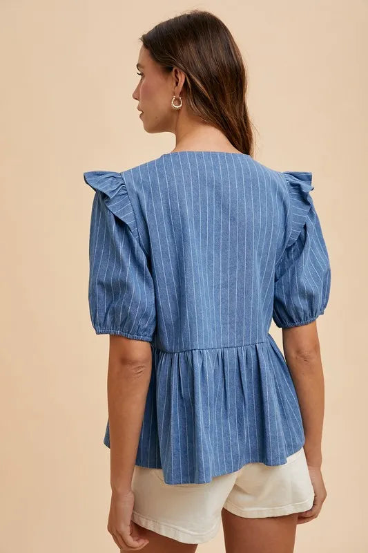 ANNIE WEAR STRIPE FRONT BOW DENIM PEPLUM BLOUSE