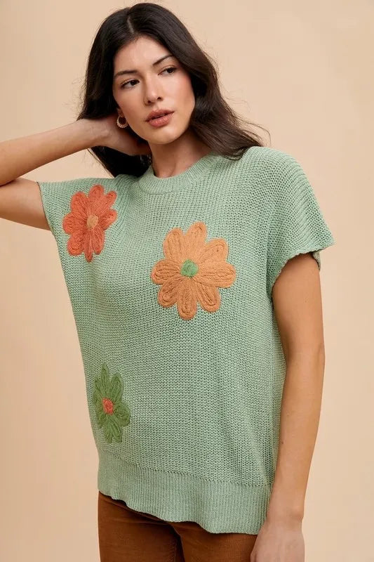 ANNIE WEAR LARGE FLOWER EMBO DOLMAN SLEEVE SUMMER SWEATER TOP