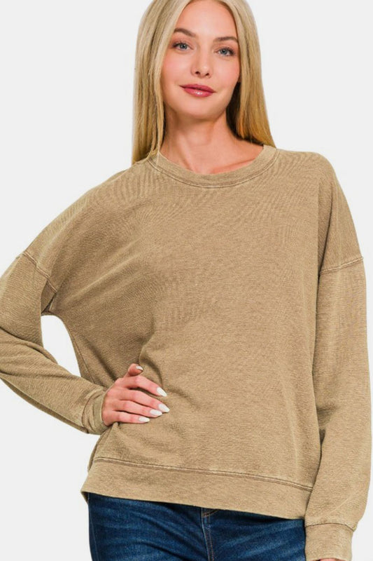 ZENANA WASHED ROUND NECK DROPPED SHOULDER SWEATSHIRT