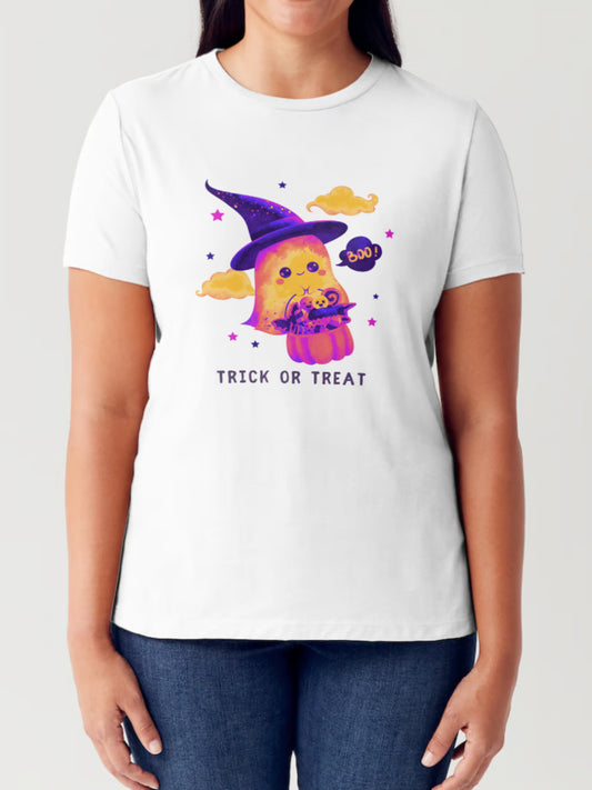 SIMPLY LOVE FULL SIZE TRICK OR TREAT GHOST GRAPHIC SHORT SLEEVE TUBULAR T-SHIRT