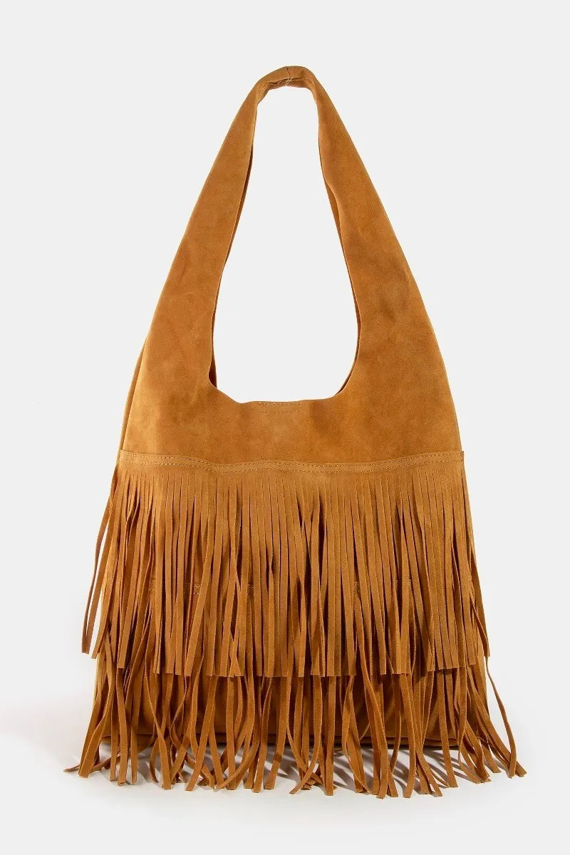 FAME LAYERED FRINGE DETAIL SUEDE HOBO BAG