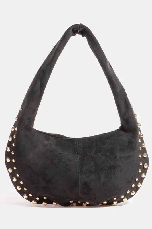 FAME METALLIC STUDDED FAUX SUEDE HAND BAG