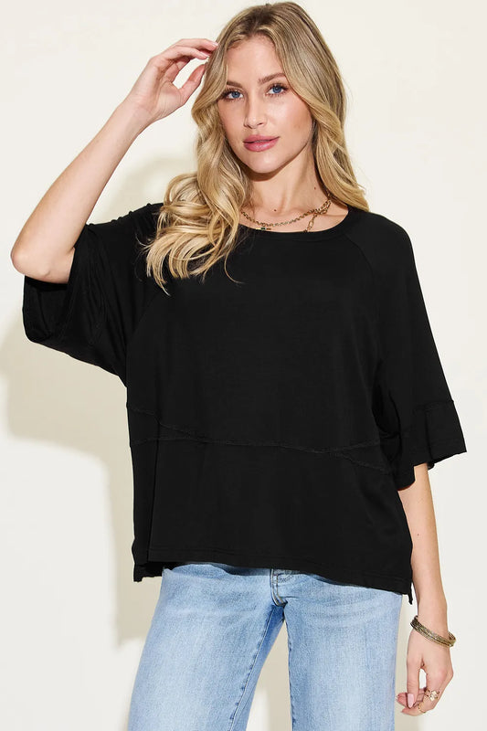 BASIC BAE FULL SIZE BAMBOO ROUND NECK EXPOSED SEAM T-SHIRT PLUS SIZE
