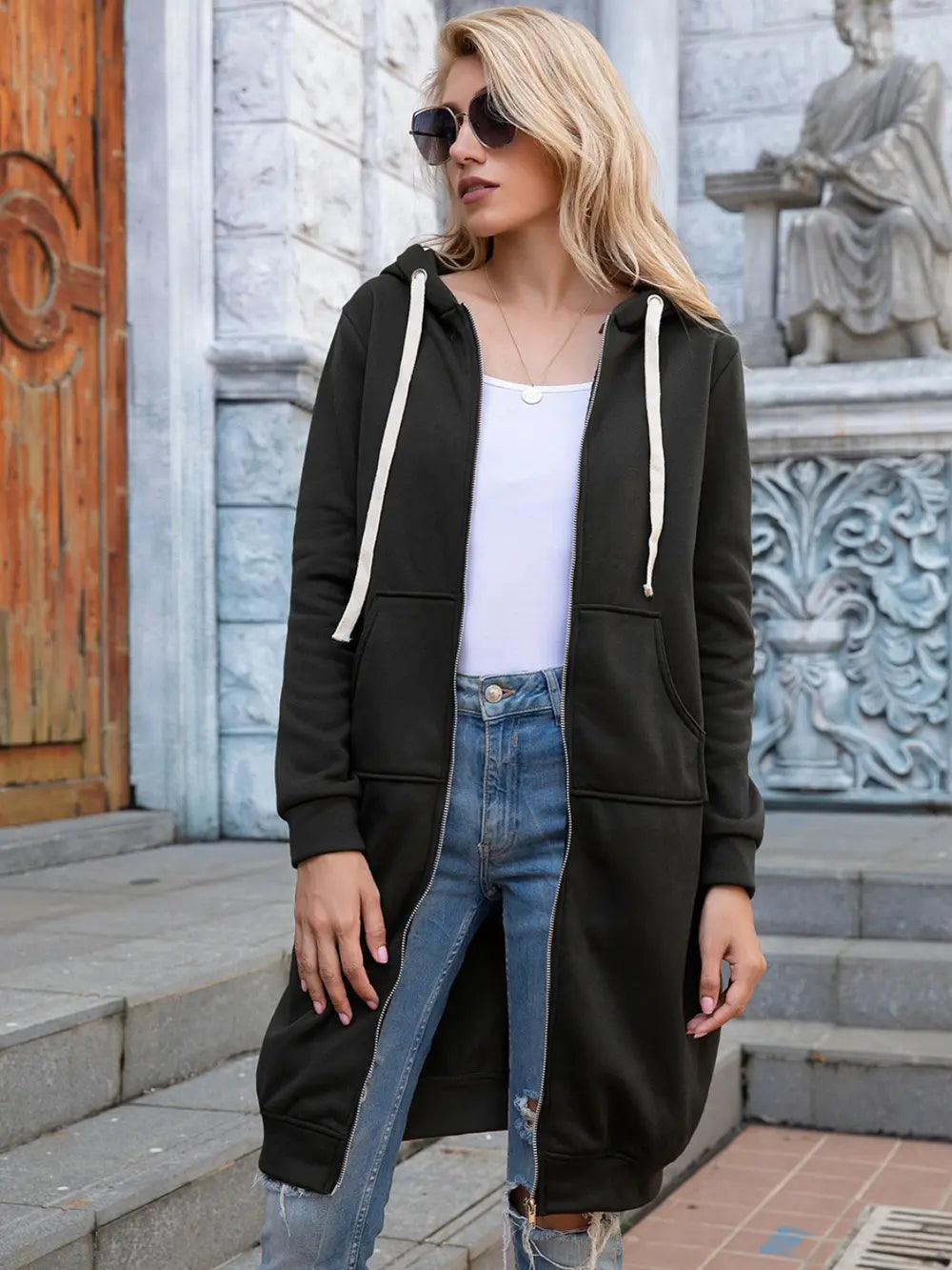IVY LANE FULL SIZE ZIP-UP LONGLINE HOODIE WITH POCKETS