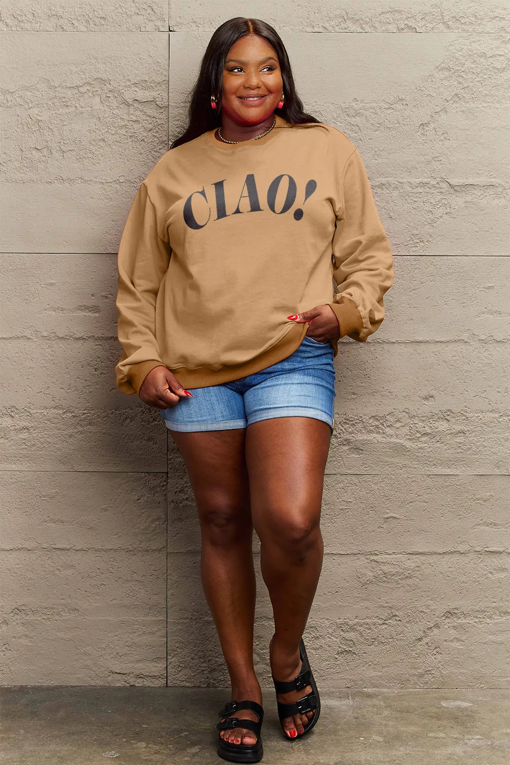 SIMPLY LOVE FULL SIZE CIAO！ROUND NECK SWEATSHIRT