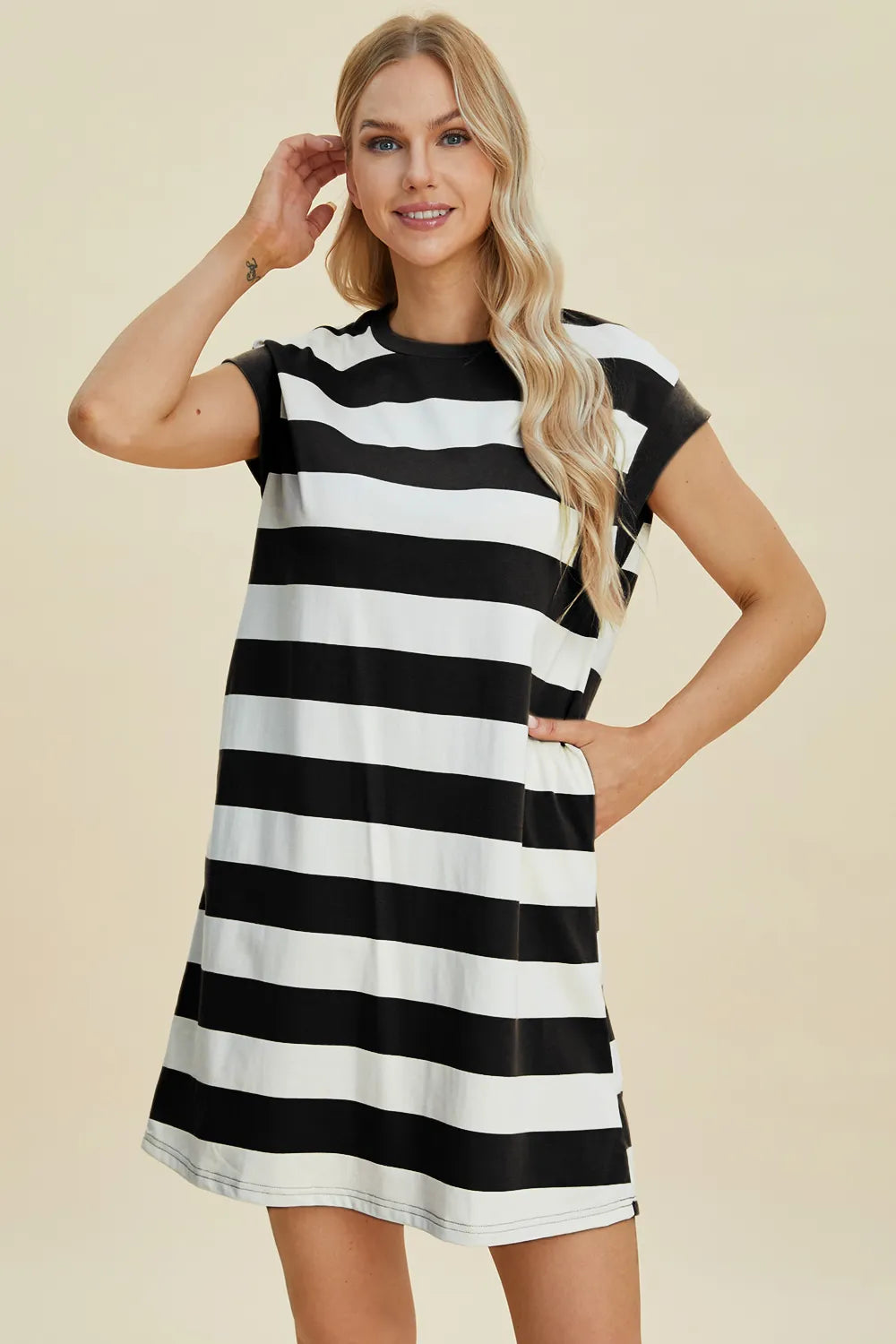 BASIC BAE FULL SIZE STRIPED ROUND NECK CAP SLEEVE MINI DRESS