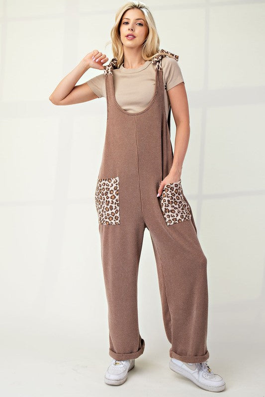 CELESTE FULL SIZE RIBBED LEOPARD TIED SHOULDER OVERALLS