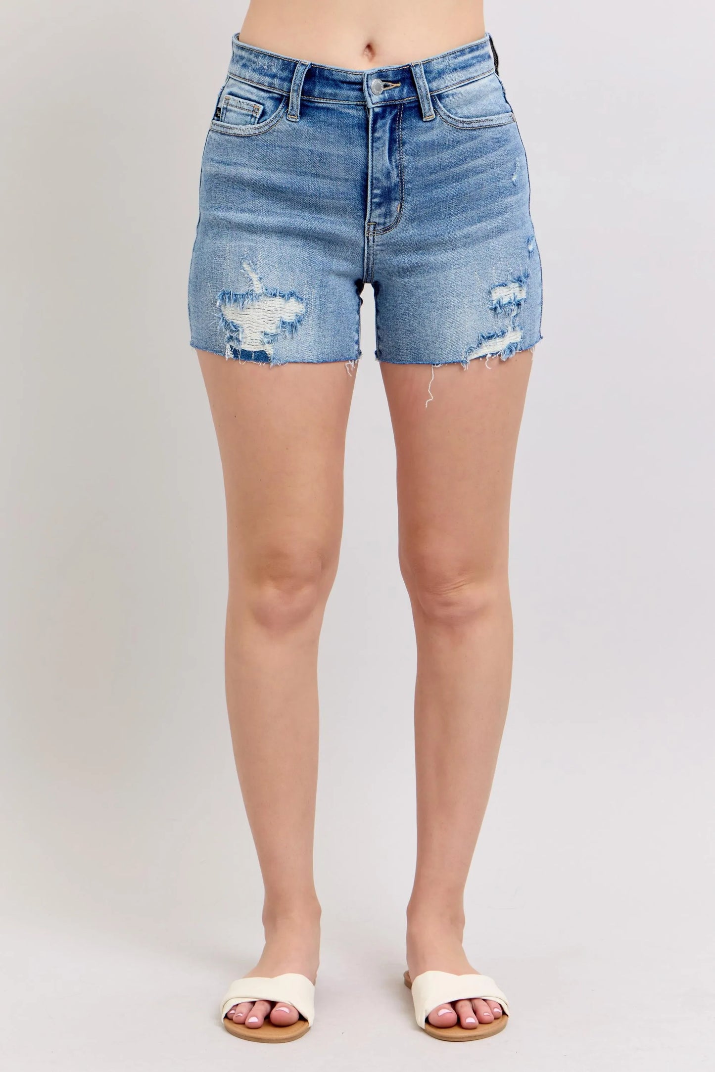 JUDY BLUE FULL SIZE HIGH WAIST DENIM SHORTS W/STITCH OVER DESTROY DETAIL PLUS SIZE