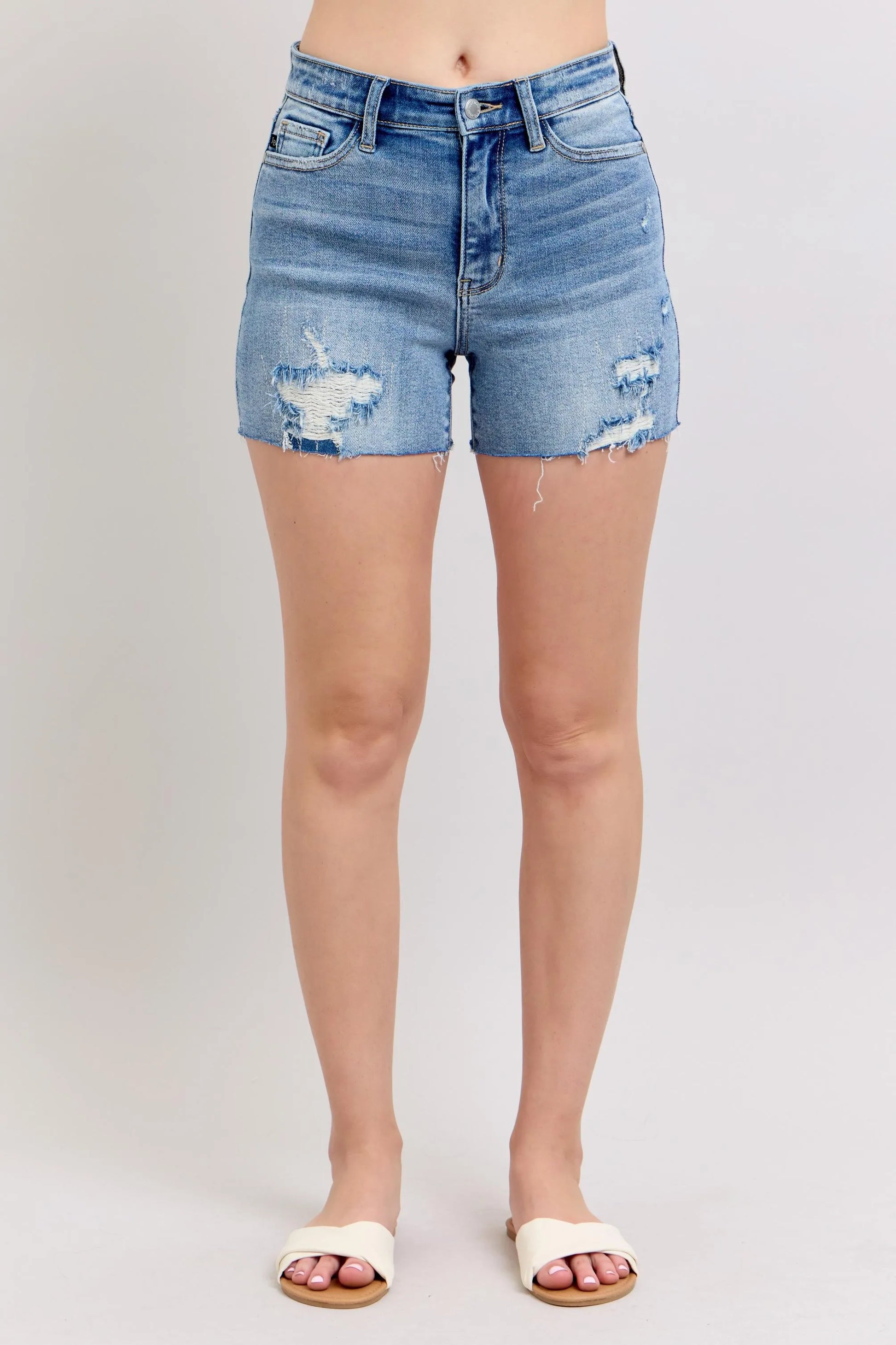 JUDY BLUE FULL SIZE HIGH WAIST DENIM SHORTS W/STITCH OVER DESTROY DETAIL PLUS SIZE