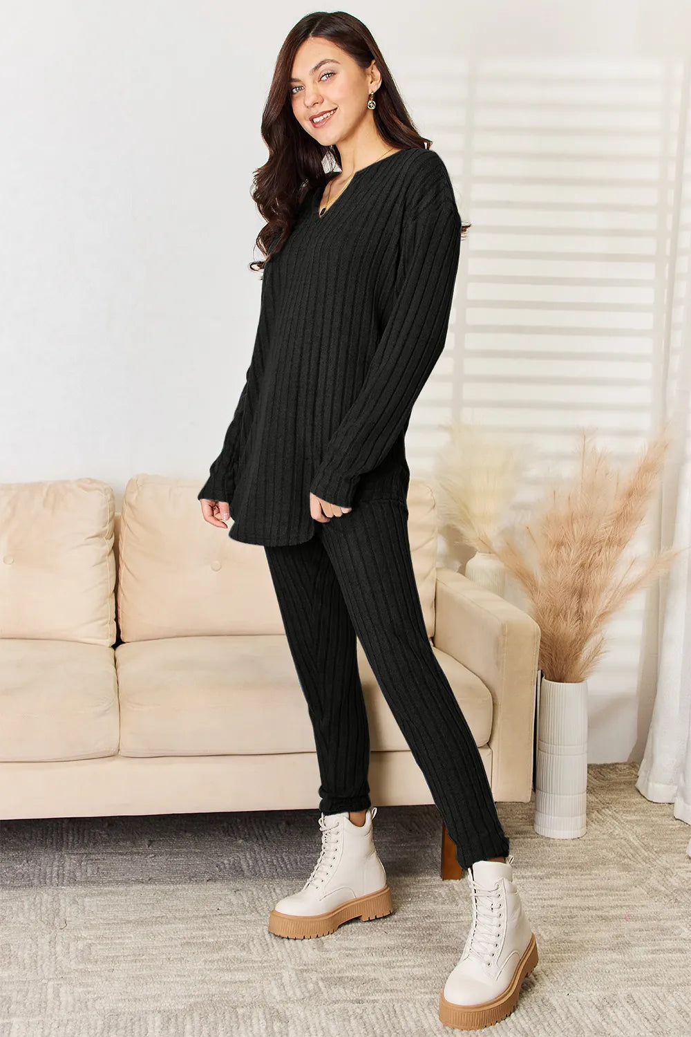 BASIC BAE FULL SIZE NOTCHED LONG SLEEVE TOP AND PANTS SET