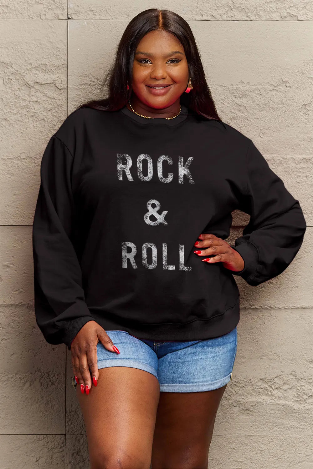 SIMPLY LOVE FULL SIZE ROCK & ROLL ROUND NECK SWEATSHIRT