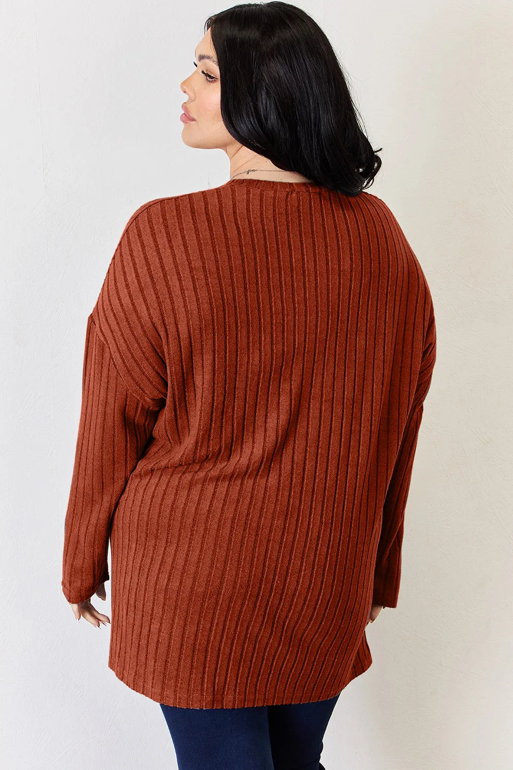 BASIC BAE FULL SIZE RIBBED HALF BUTTON LONG SLEEVE HIGH-LOW T-SHIRT