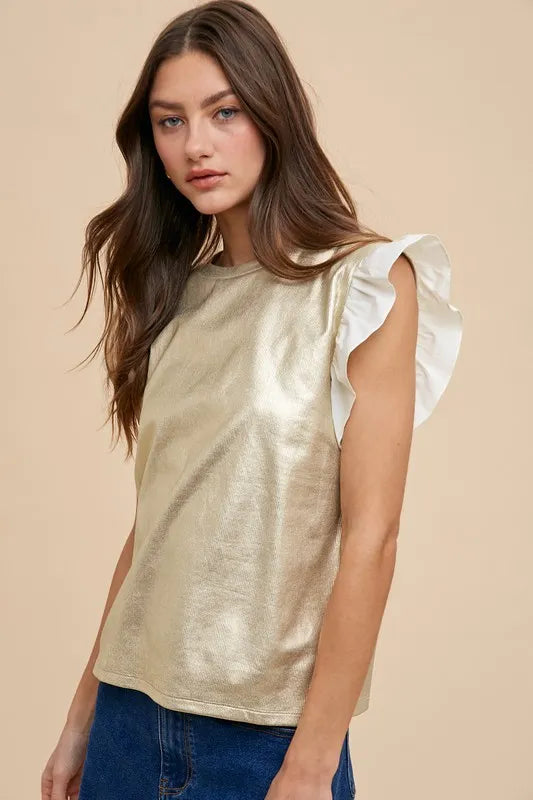 ANNIE WEAR MIX MEDIA METALLIC KNIT RUFFLE SLEEVE TOP