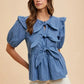 ANNIE WEAR STRIPE FRONT BOW DENIM PEPLUM BLOUSE