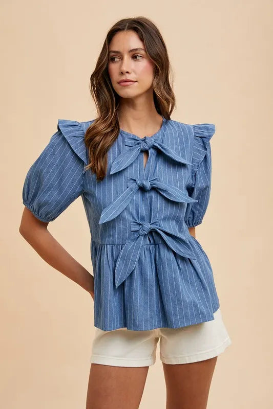 ANNIE WEAR STRIPE FRONT BOW DENIM PEPLUM BLOUSE