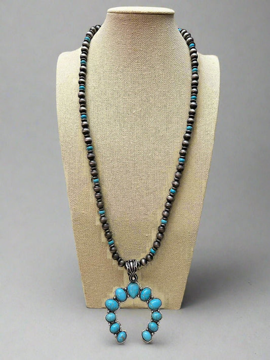 Faux Squash Blossom and Faux Pearl Necklace - 27 inch