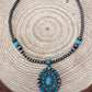 Faux Turquoise and Faux Sterling Pearl Concho Necklace -  20 inch + 3
