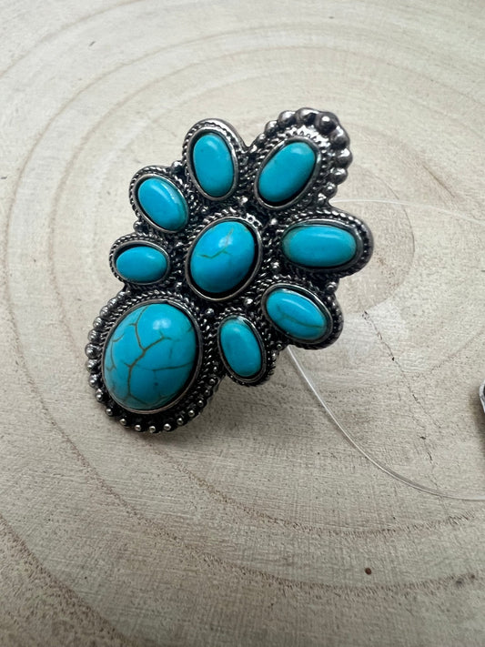 Faux Turquoise Cluster Statement Size Cuff Ring - Adjustable Sizing