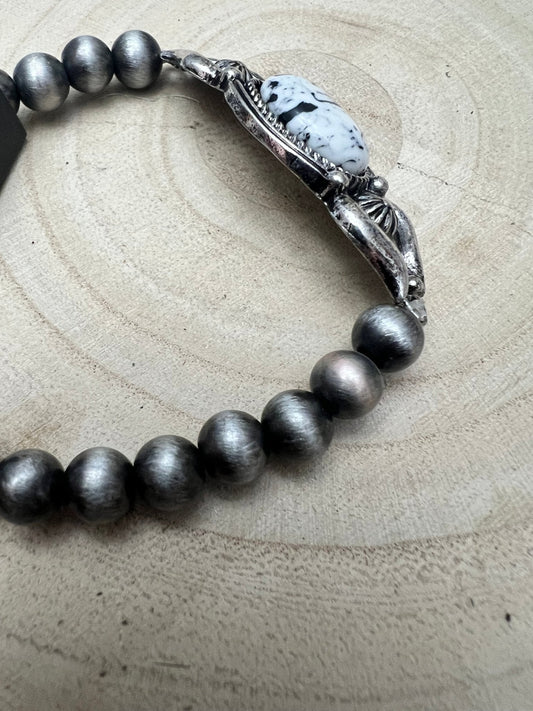 Faux White Buffalo and Sterling Pearl Stretch Bracelet