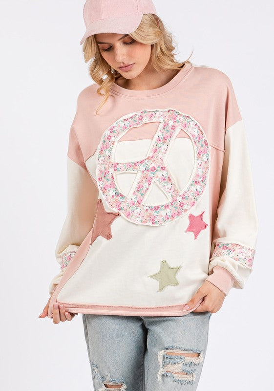 SAGE + FIG PEACE & STAR PATCH CONTRAST ROUND NECK SWEATSHIRT