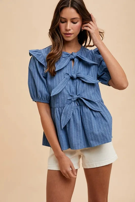 ANNIE WEAR STRIPE FRONT BOW DENIM PEPLUM BLOUSE