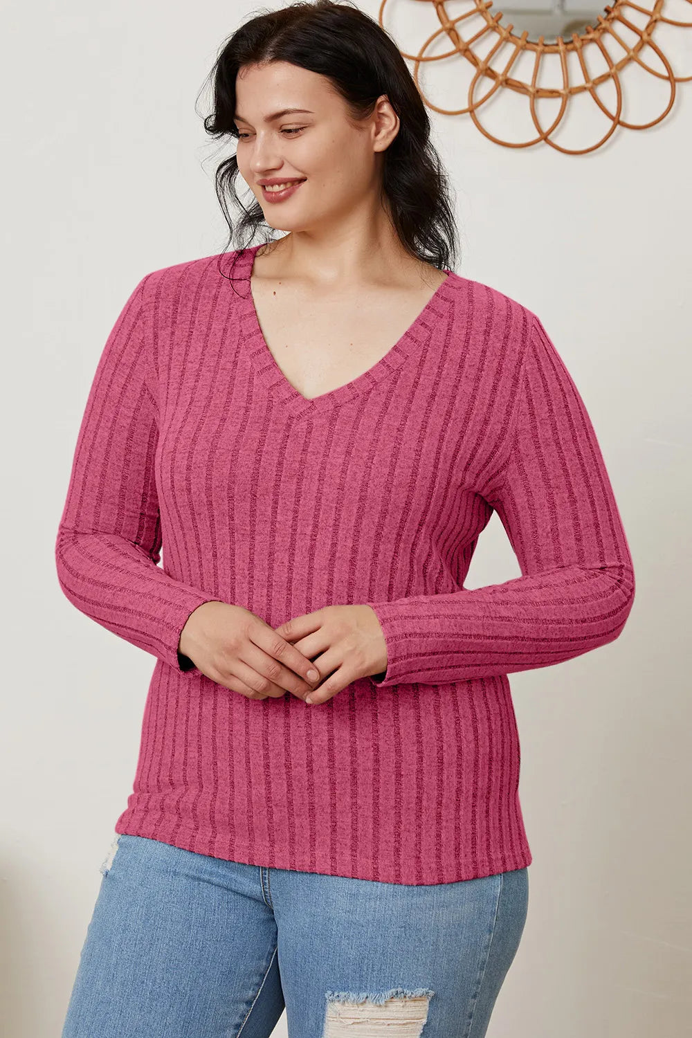 BASIC BAE FULL SIZE RIBBED V-NECK LONG SLEEVE T-SHIRT