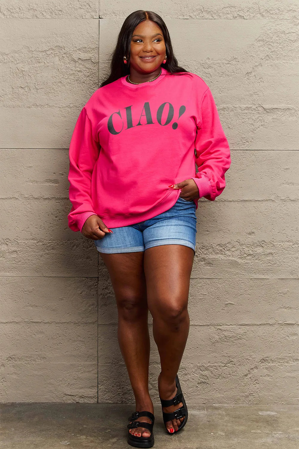 SIMPLY LOVE FULL SIZE CIAO！ROUND NECK SWEATSHIRT