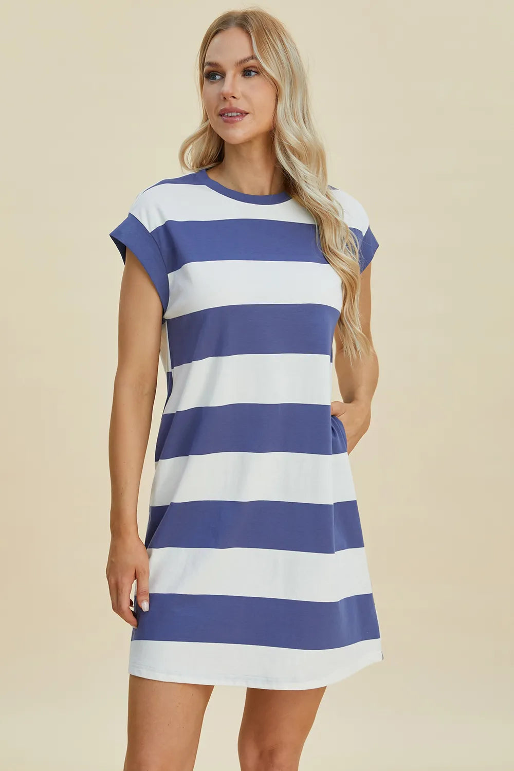 BASIC BAE FULL SIZE STRIPED ROUND NECK CAP SLEEVE MINI DRESS