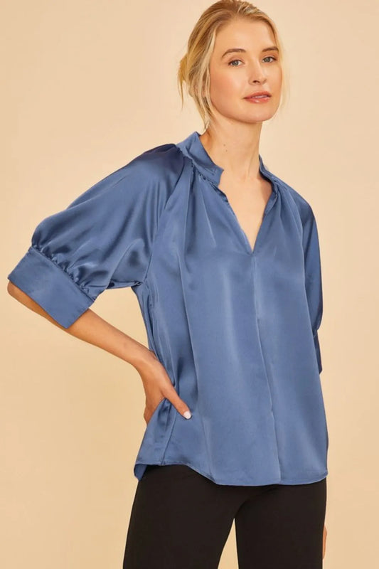 ANNIE WEAR SATIN V NECK OPEN SHORT SLEEVE WOVEN BLOUSE TOP