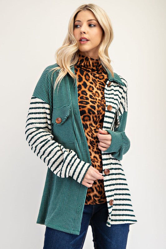 CELESTE FULL SIZE STRIPED BUTTON UP DROPPED SHOULDER SHACKET