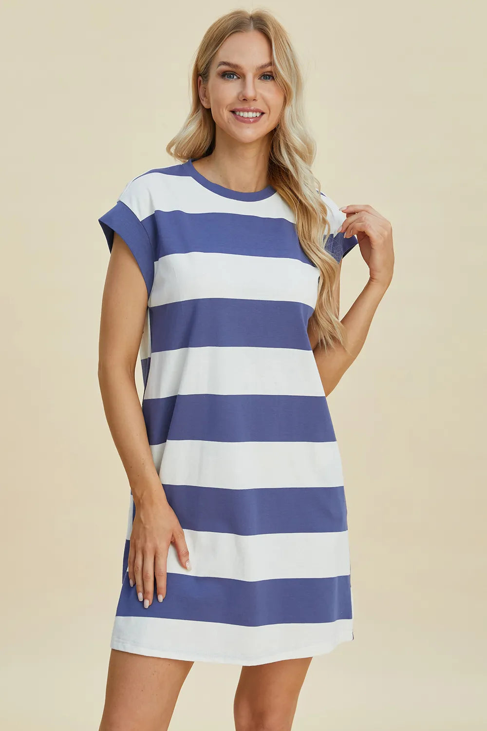 BASIC BAE FULL SIZE STRIPED ROUND NECK CAP SLEEVE MINI DRESS