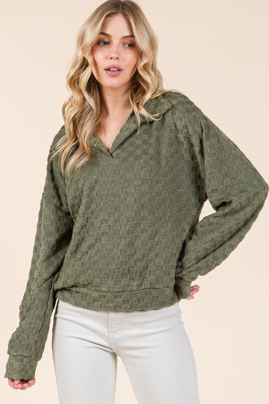 BOMBOM FUZZY CHECKERED COLLARED NECK SWEATSHIRT WITH SIDE POCKETS