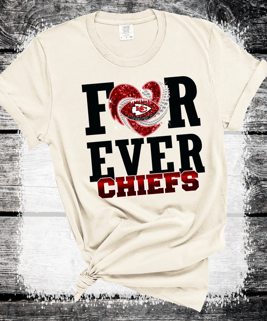SUPERBOWL KANSAS CITY FOOTBALL FAUX GLITTER FOREVER CHIEFS T-SHIRT, KC FOOTBALL TEE, GAME DAY SHIRT GIFT FOR MOM, DAD, COMFORT COLORS OVERSIZED LOOK