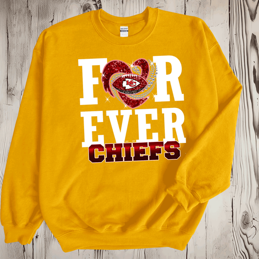 SUPERBOWL KANSAS CITY FOOTBALL FAUX GLITTER FOREVER CHIEFS T-SHIRT, KC FOOTBALL TEE, GAME DAY SHIRT GIFT FOR MOM, DAD, COMFORT COLORS OVERSIZED LOOK