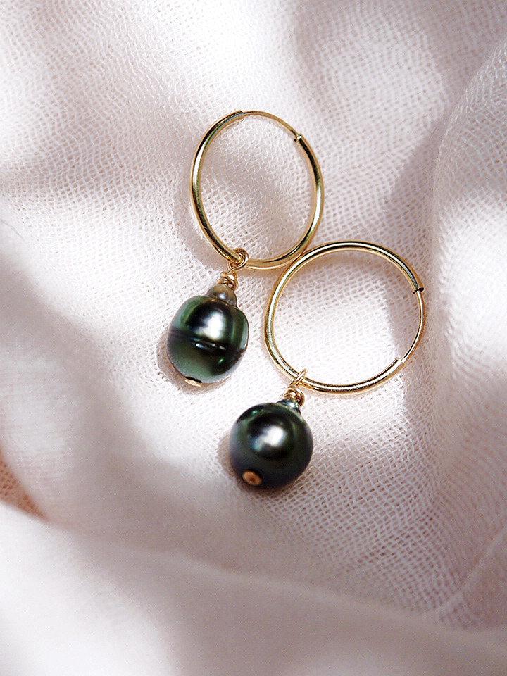 THIN GOLD FILLED TAHITIAN PEARL HOOP EARRINGS - HOKULOA