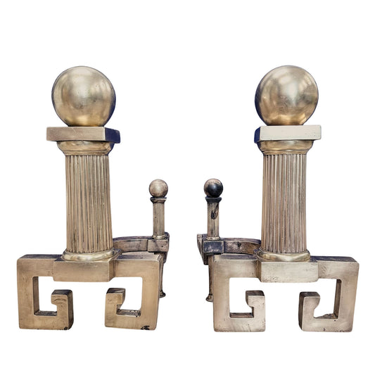 GREEK KEY VINTAGE BRASS ANDIRONS