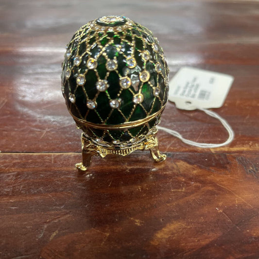 GREEN ENAMEL CRYSTAL EGG TRINKET BOX W/STAND-Thriftique Marketplace