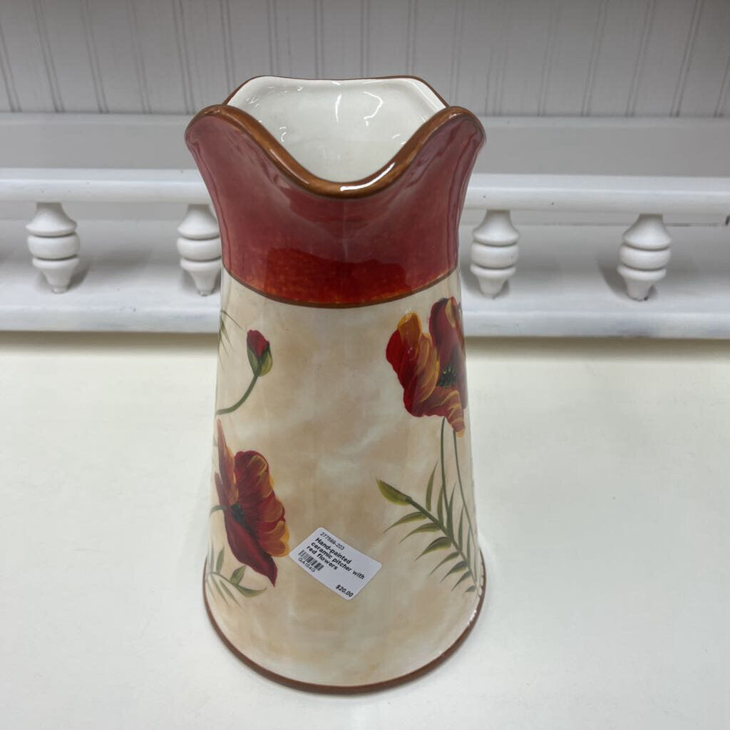 HAND-PAINTED CERAMIC PITCHER WITH RED FLOWERS-Thriftique Marketplace