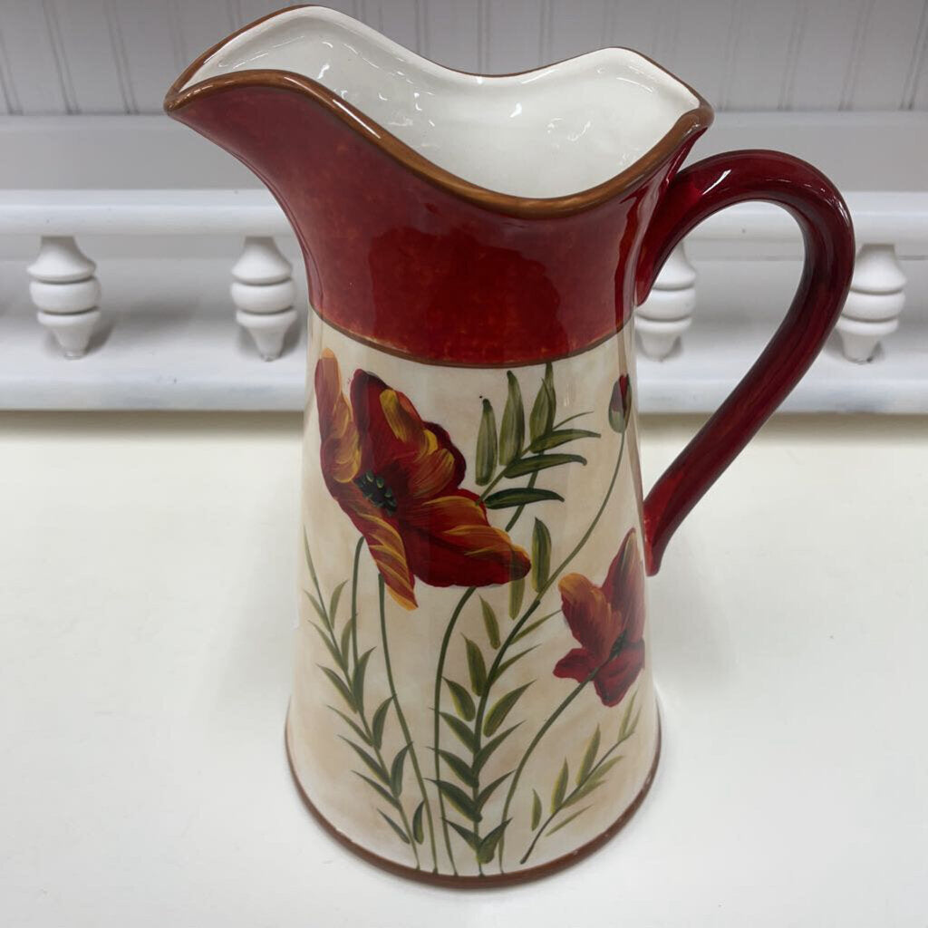 HAND-PAINTED CERAMIC PITCHER WITH RED FLOWERS-Thriftique Marketplace