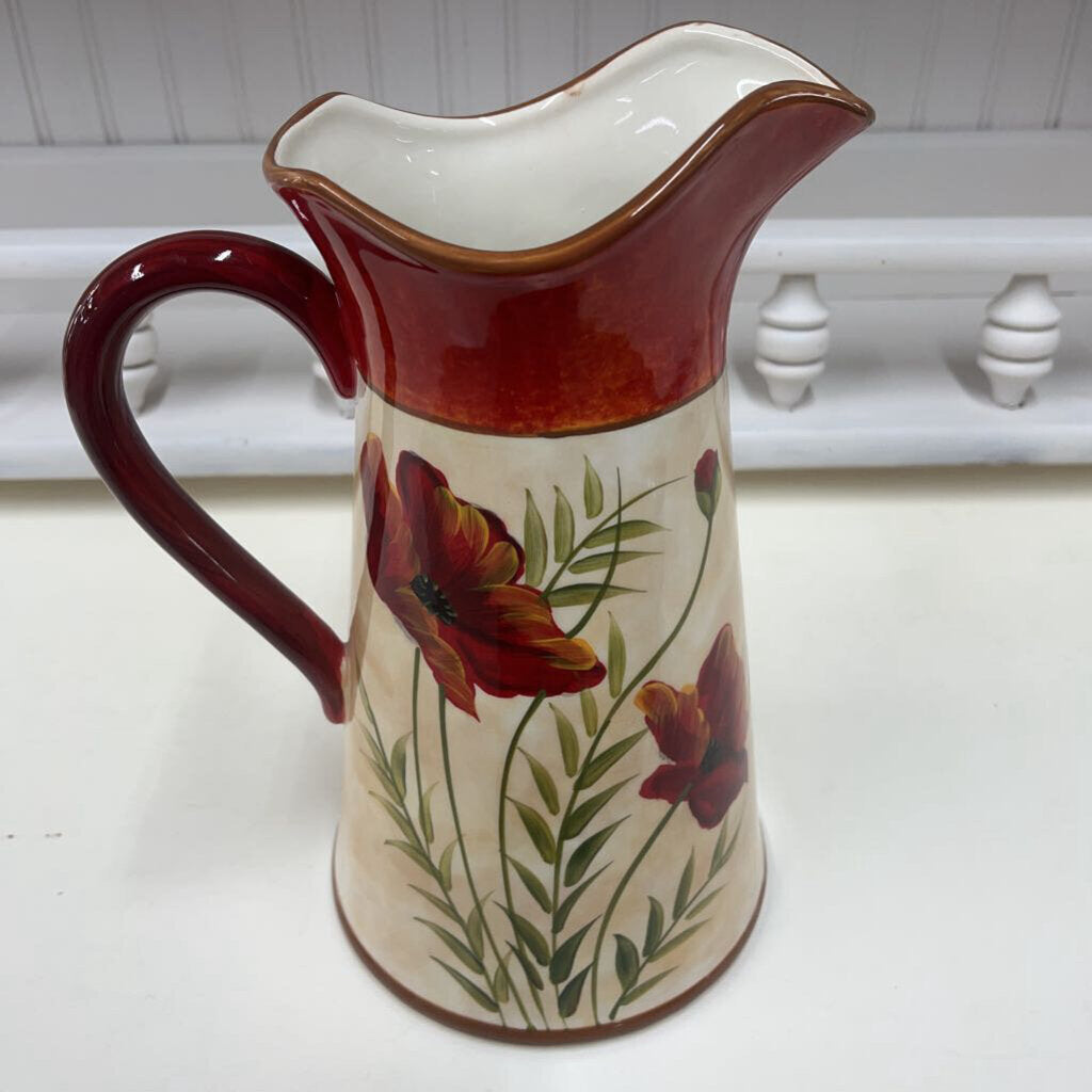 HAND-PAINTED CERAMIC PITCHER WITH RED FLOWERS-Thriftique Marketplace