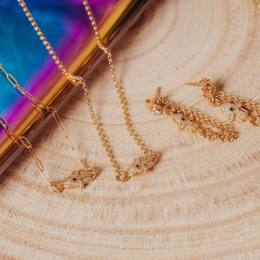 GOLD OR SILVER HAMSA DANGLE STUD EARRINGS