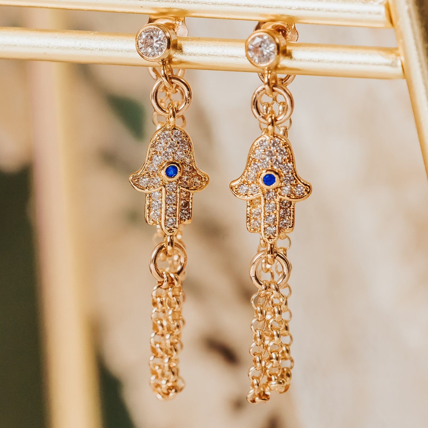 GOLD OR SILVER HAMSA DANGLE STUD EARRINGS
