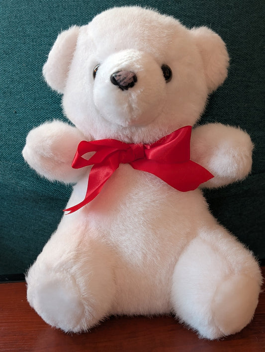 VINTAGE WHITE BEAR PLUSH RED BOW BLACK SOFT NOSE POLAR BEAR SASCO INC