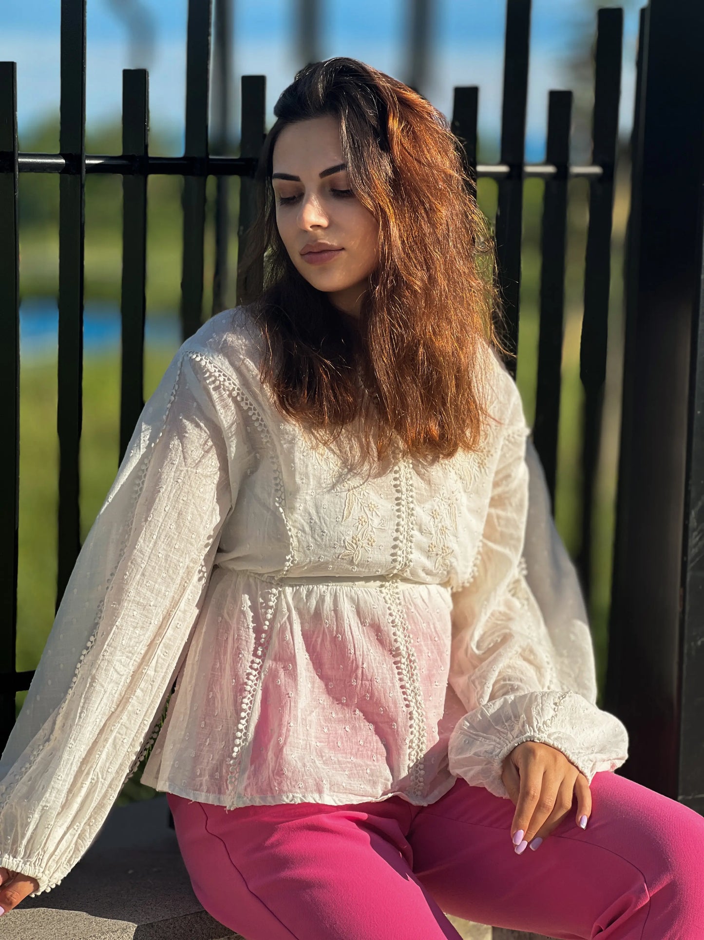 TONAL EMBROIDERED PEPLUM TOP WITH V-NECKLINE - S TO 2XL