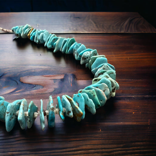 Long Blue Thick Genuine Turquoise Chips Necklace - 26 inch