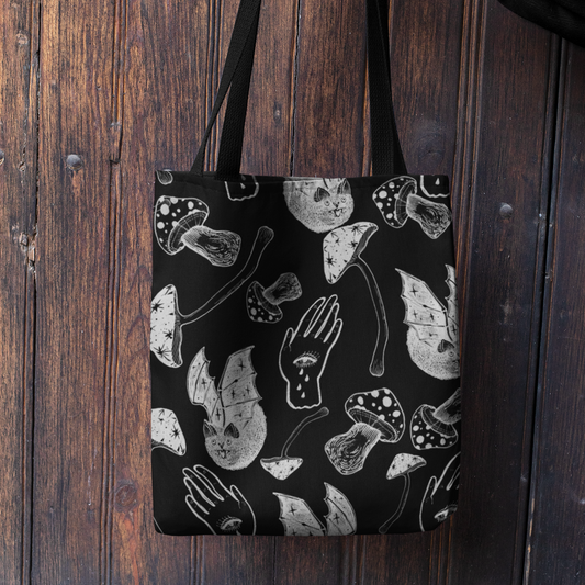 SPOOKY SPELLS, BATS AND MUSHROOMS HEAVY-DUTY CANVAS TOTE BAG
