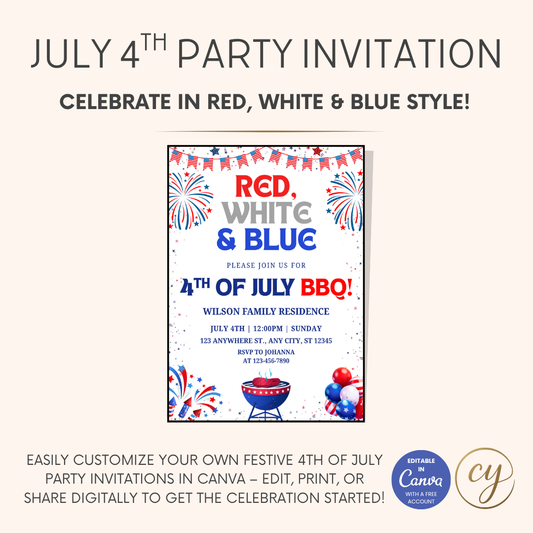 4th of July Party Invitation – Editable Canva Template