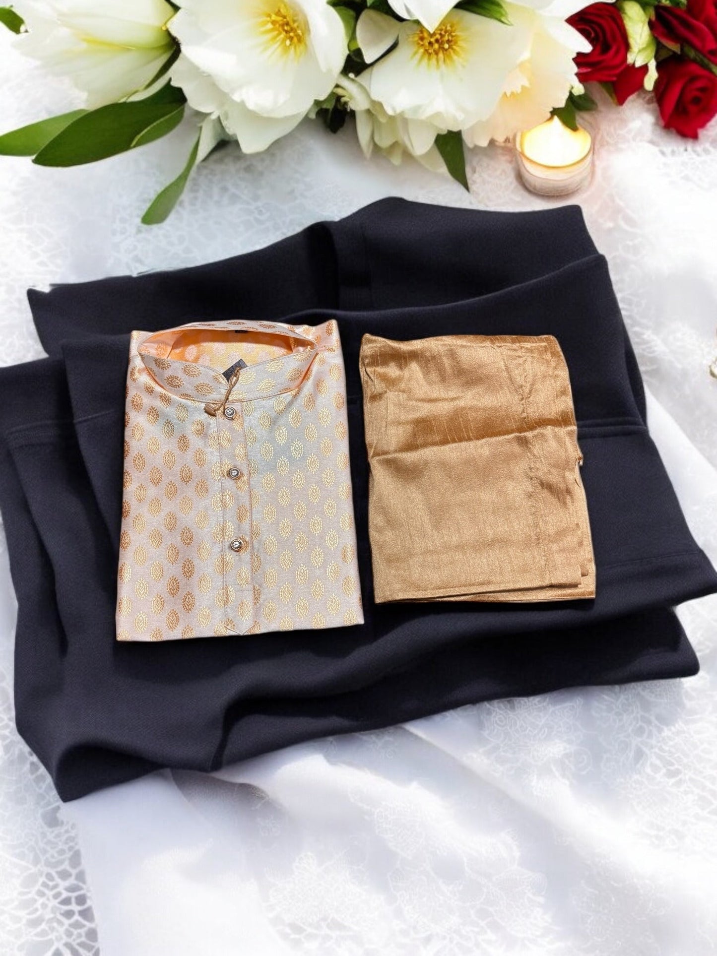 TRADITIONAL BOYS OFF WHITE SILK KURTA PAJAMA - 6326