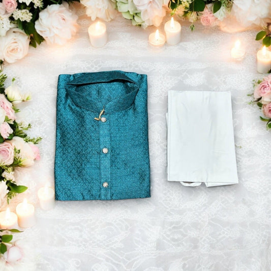 TRADITIONAL- BOYS RAMA BLUE SILK KURTA PAJAMA - 6216